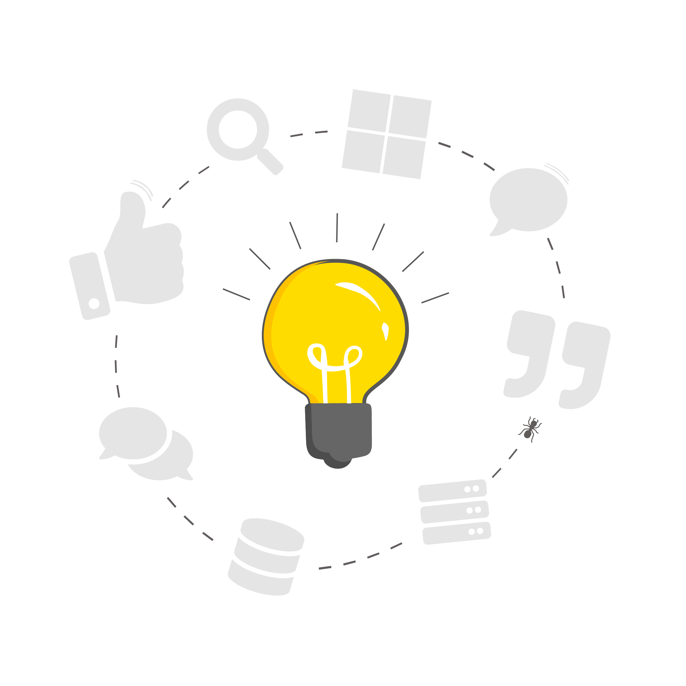 Illustratie van een lamp met iconen van functionaliteiten eromheen